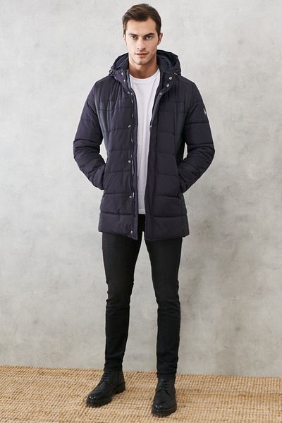ALTINYILDIZ CLASSICS Ανδρικό παλτό Navy Blue - Stand Collar, Hooded, Black Casual