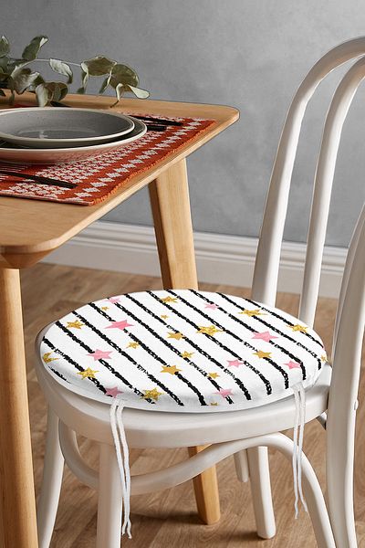 Realhomes Star Patterned White and Black Striped Digital Printed Round Zippered Chair Cushion