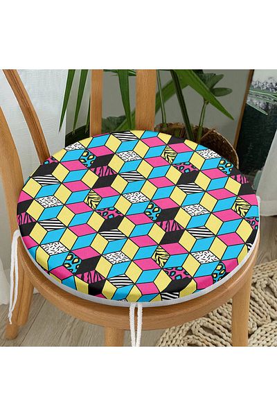 Realhomes Modern Round Zippered Chair Cushion with Modern Geometric Cube Pattern on Colorful Background