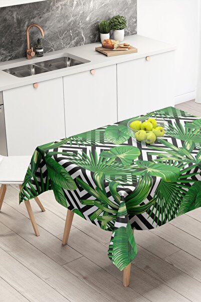 Nish & Royal Green Tropical Leaf Motif Tablecloth on Geometric Pattern