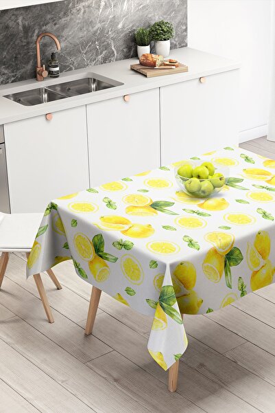 Nish & Royal Lemones on White Background Patterned Digital Printed Tablecloth