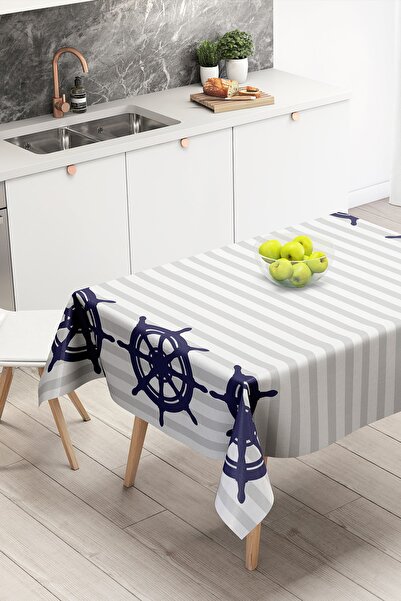 Nish & Royal Gray White Striped Anchor Patterned Digital Printed Modern Table...