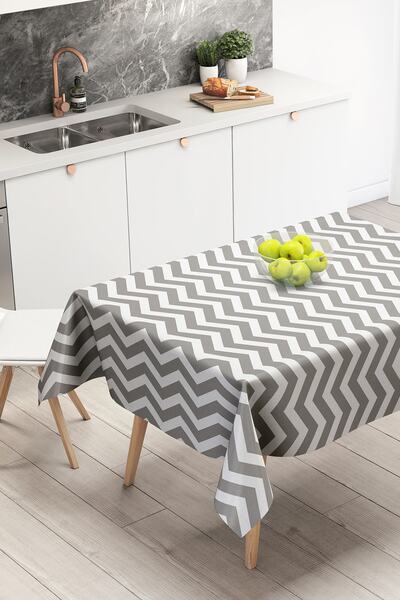 Nish & Royal Geometric Gray Zigzag Motif Digital Printed Tablecloth