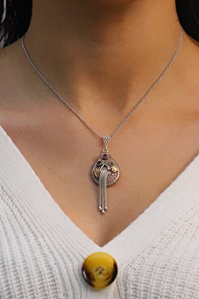 Midyat Nurtaş Gümüş Tuğra Işleme Püsküllü Damla Model Telkari Gümüş Kolye 2010148320