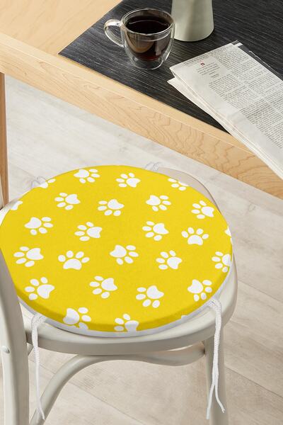Realhomes Pernă pentru scaun rotundă cu fermoar imprimată digital, cu fundal galben și imagine cu labe