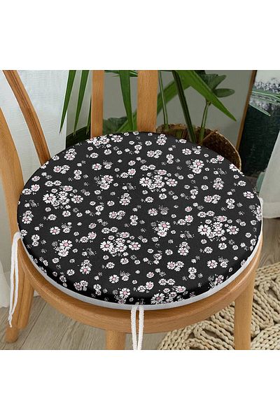 Realhomes White Flowers on Black Background Digital Printed Round Zippered Chair Cushion