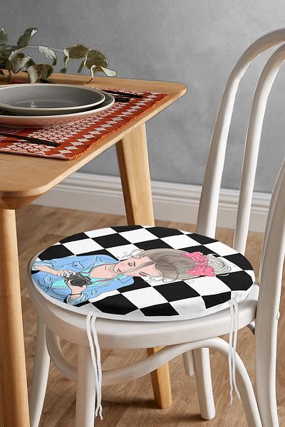 Realhomes Digital Printed Round Zippered Chair Cushion with Checkerboard Background Girl Taking Photos
