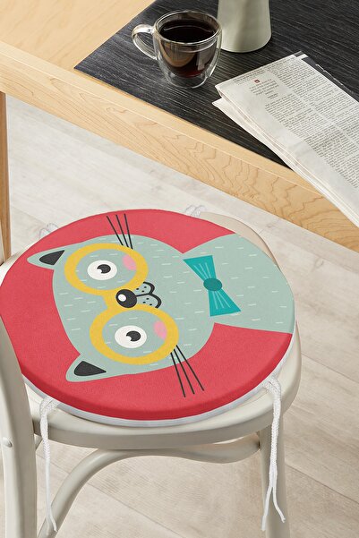 Realhomes Renkli Kedi Dijital Baskılı Modern Yuvarlak Fermuarlı Sandalye Minderi