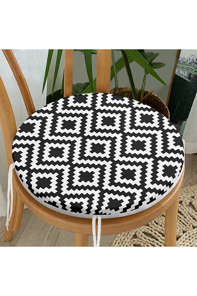 Realhomes Checkered Geometric Patterned Digital Printed Modern Round Zippered Chair Cushion