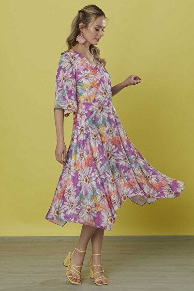 Selen Giyim Kolu Volanlı V Yaka Emprime Elbise