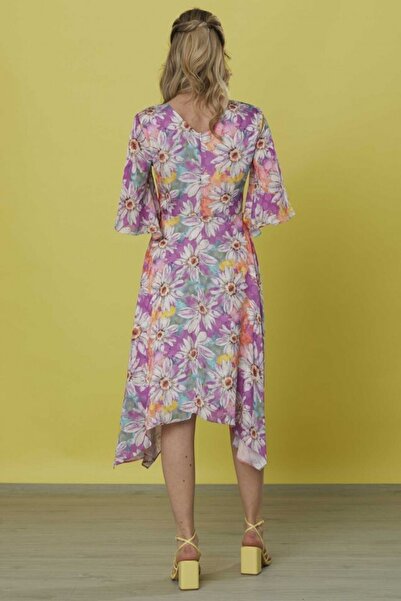 Selen Giyim Kolu Volanlı V Yaka Emprime Elbise