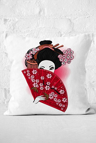 Nish & Royal Husă de pernă cu imprimeu digital pentru femei japoneze Red Fan ...
