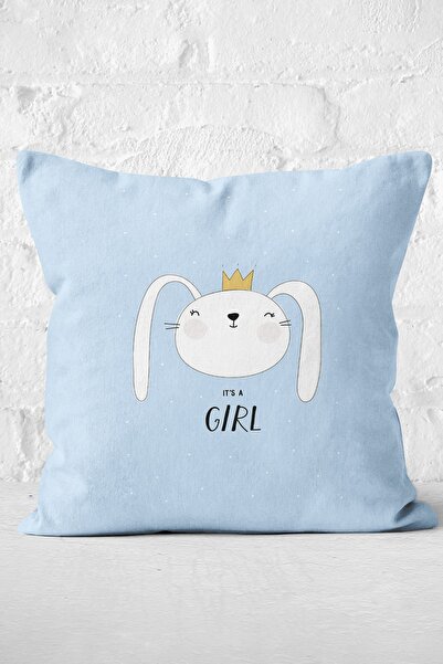 Nish & Royal Cute Rabbit Patterned Digital Printed Modern Pillow with Blue Ba...