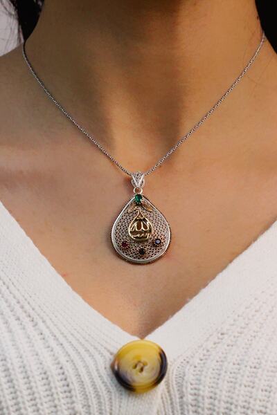 Midyat Nurtaş Gümüş Allah (c.c) Yazılı Damla Model Tel kari Gümüş Kolye