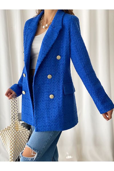 Eyyo Moda Jachetă de damă din tweed albastru cu nasturi aurii