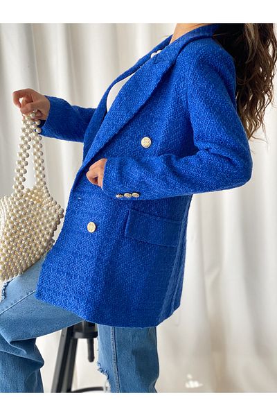 Eyyo Moda Jachetă de damă din tweed albastru cu nasturi aurii