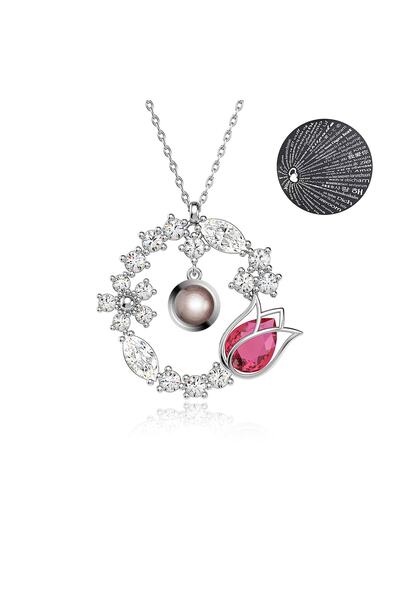 İNDİGO TAKI Lale Bahçesi 100 Dilde Seni Seviyorum Beyaz Gümüş Kolye