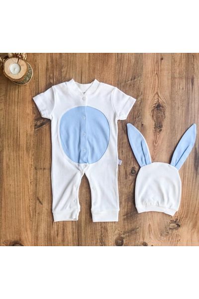 Mini Baby Boy White - Blue Rabbit Costume Summer Jumpsuit and Hat Set