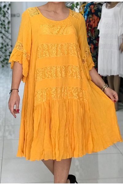 Sosyete Kaplumbağa Authentic Voile Cotton Lace Detailed Mustard Dress