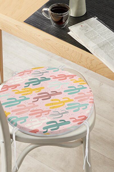 Realhomes Pernă de scaun rotundă cu fermoar imprimată digital cu model drăguț de cactus pe podea colorată