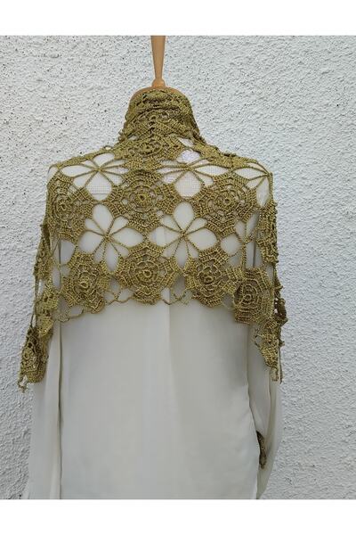 Hippybutik Simli Gold Ip Tığ Motifli Abiye Şal