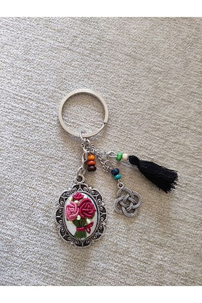 UNICORN Brazilian Embroidery Purple Embroidered White Keychain