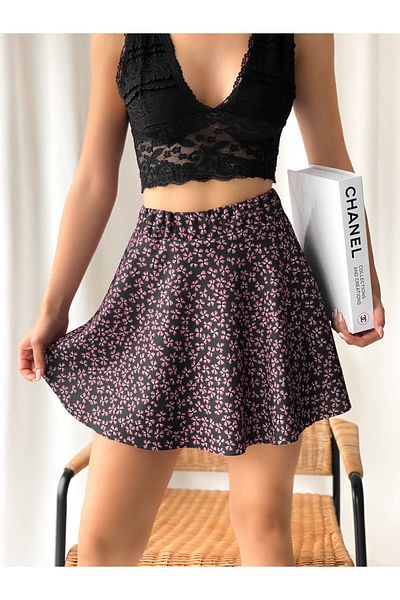 Fav Style Fustă scurtă pentru Damă Purple Clover cu Motive Florale