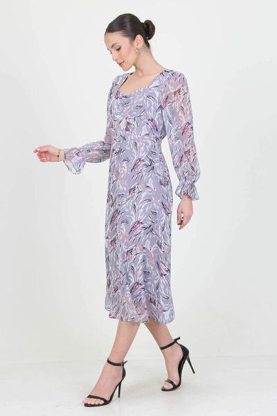 Neşeli Butik Kadın Gri Kalp Yaka Yeni Sezon Desenli Şifon Elbise Ry0030