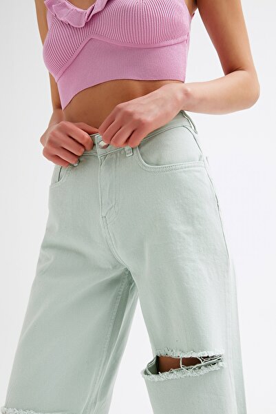 Açelya Okcu Women's Mint High Waist String Ripped Gabardine Jeans