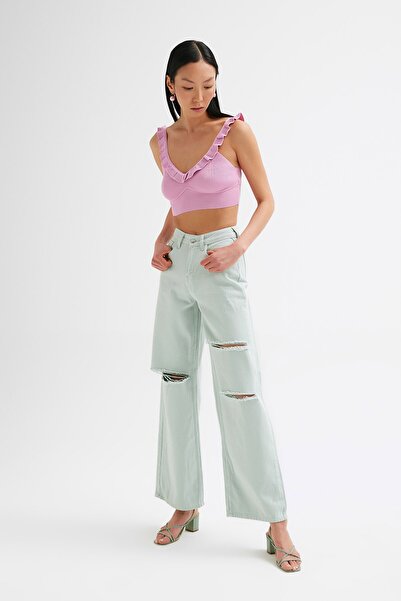 Açelya Okcu Women's Mint High Waist String Ripped Gabardine Jeans