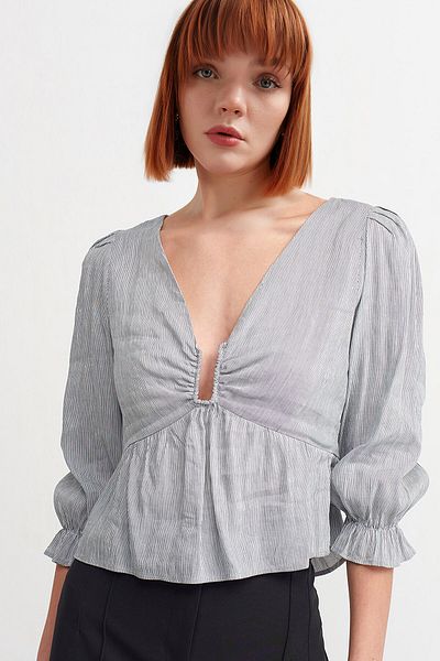 Açelya Okcu Women's Navy Blue Striped U Detailed Voile Blouse