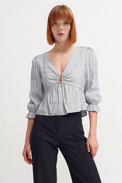 Açelya Okcu Women's Navy Blue Striped U Detailed Voile Blouse