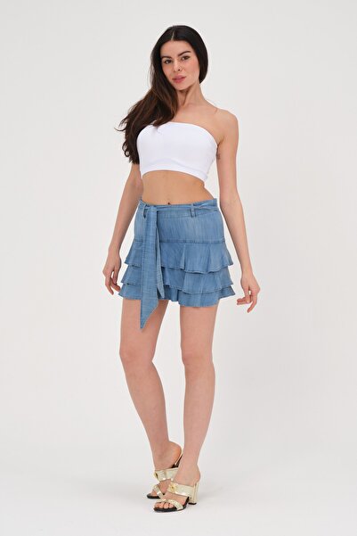 Barkaist Mavi Kuşak Detaylı Mini Katlı Kot Etek