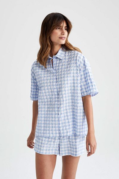 DeFacto Fall In Love Regular Fit Gingham Patterned Short Sleeve Cotton Seersucker Pajama Top