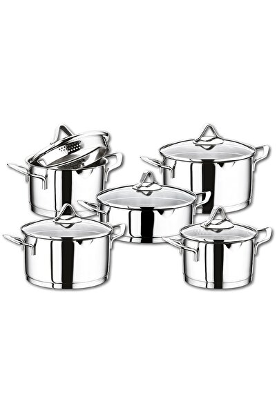 OMS 1057 - 10 Parça, Indüksiyonlu Ocak Uyumlu, Süzgeç Ağızlı, Silindir Tencere Seti