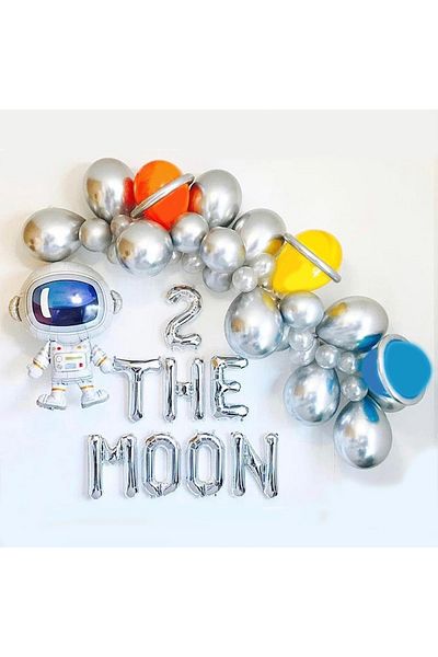 PARTİAVM 2 The Moon Astronaut Balloon Chain Full Set Space Rocket Balloon Chain Set (For 2 Years)