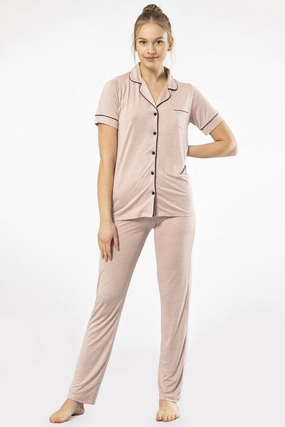 TÜREN Solid Color Pocket Short Sleeve Summer Shirt Collar Pajamas Set