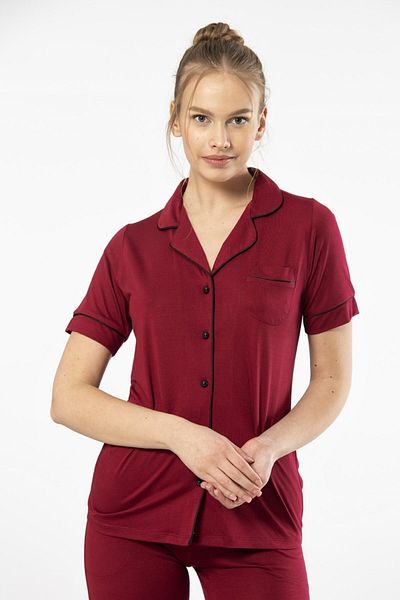 TÜREN Culoare uni, buzunar, maneca scurta, vara, set pijama dama cu guler camasa