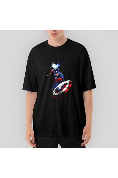 Z zepplin Tricou negru supradimensionat Captain America Mjolnir And Shield