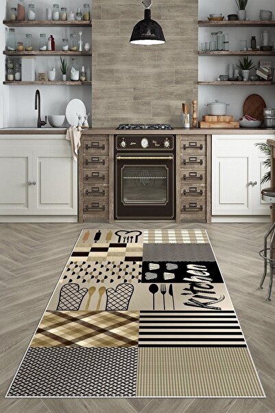 Latibule Mavi Kitchen Open Temalı Yıkanabilir Kaymaz Taban Leke Tutmaz Modern Mutfak Halısı
