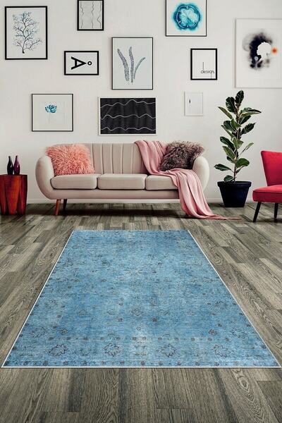 Latibule Mavi Zemin Çiçek Desenli Yıkanabilir Kaymaz Taban Leke Tutmaz Modern Salon Halısı Ve Yolluk