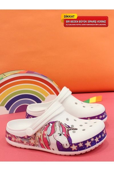 sepona Unicorn Patterned White Summer Children's Slippers
