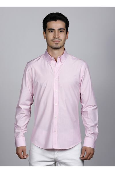 Erkek %100 Pamuk Slim Fit Düğmeli Yaka Pembe Casual Gömlek