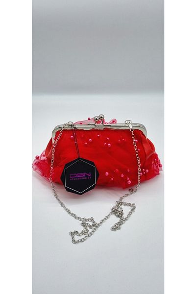 DSN Pearl and Tulle Detailed Chain Strap Hand and Shoulder Bag Red Color