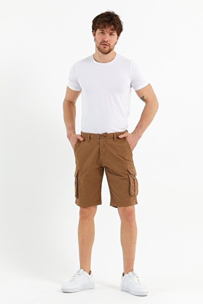 ENQUE Erkek Pamuklu Bermuda Kargo Çok Cepli Vizon Şort