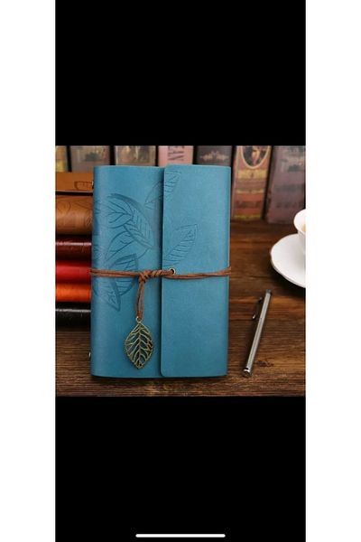 muustie Leaf Design Leather Cover Keepsake-Memory-Diary Notebook Turquoise