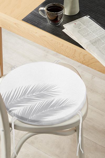 Realhomes Frunze de palmier gri pe fundal alb Design special pernă pentru scaun rotundă cu fermoar