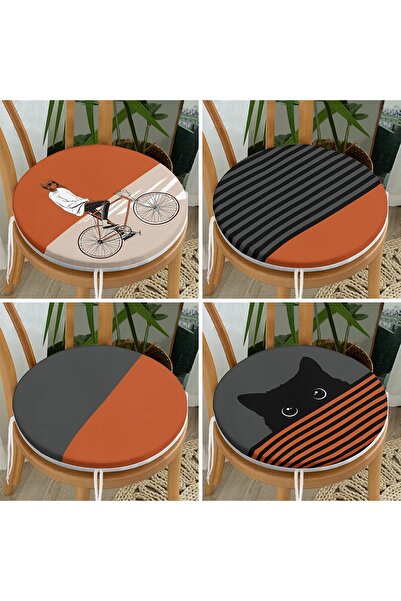 Realhomes 4'lü Kiremit Renkli Bisikletli Adam Kedi Motifli Yuvarlak Fermuarlı...