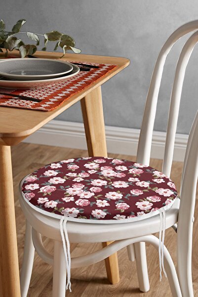 Realhomes Renkli Zemin Üzerinde Çiçek Desenli Dijital Baskılı Modern Yuvarlak Fermuarlı Sandalye Minderi