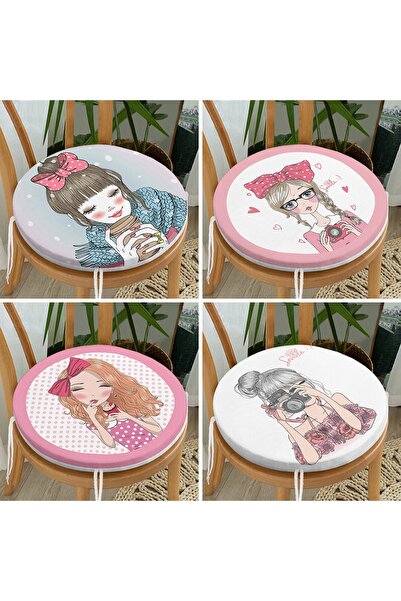 Realhomes Set od 4 slatke pop-art crtane devojčice, okrugli jastuci za stolic...